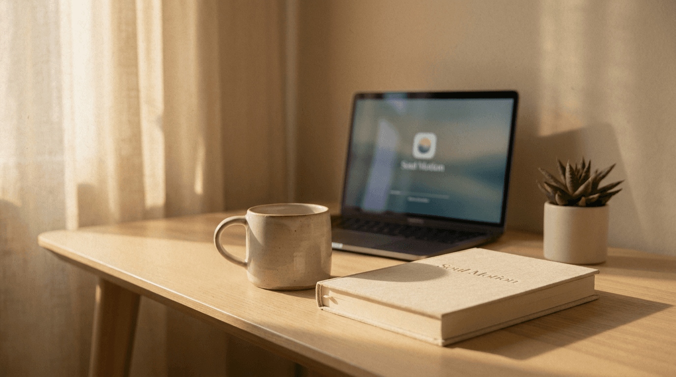 A serene, sun-drenched workspace — a ceramic mug, a linen-bound journal, and a small plant on a light wood desk.