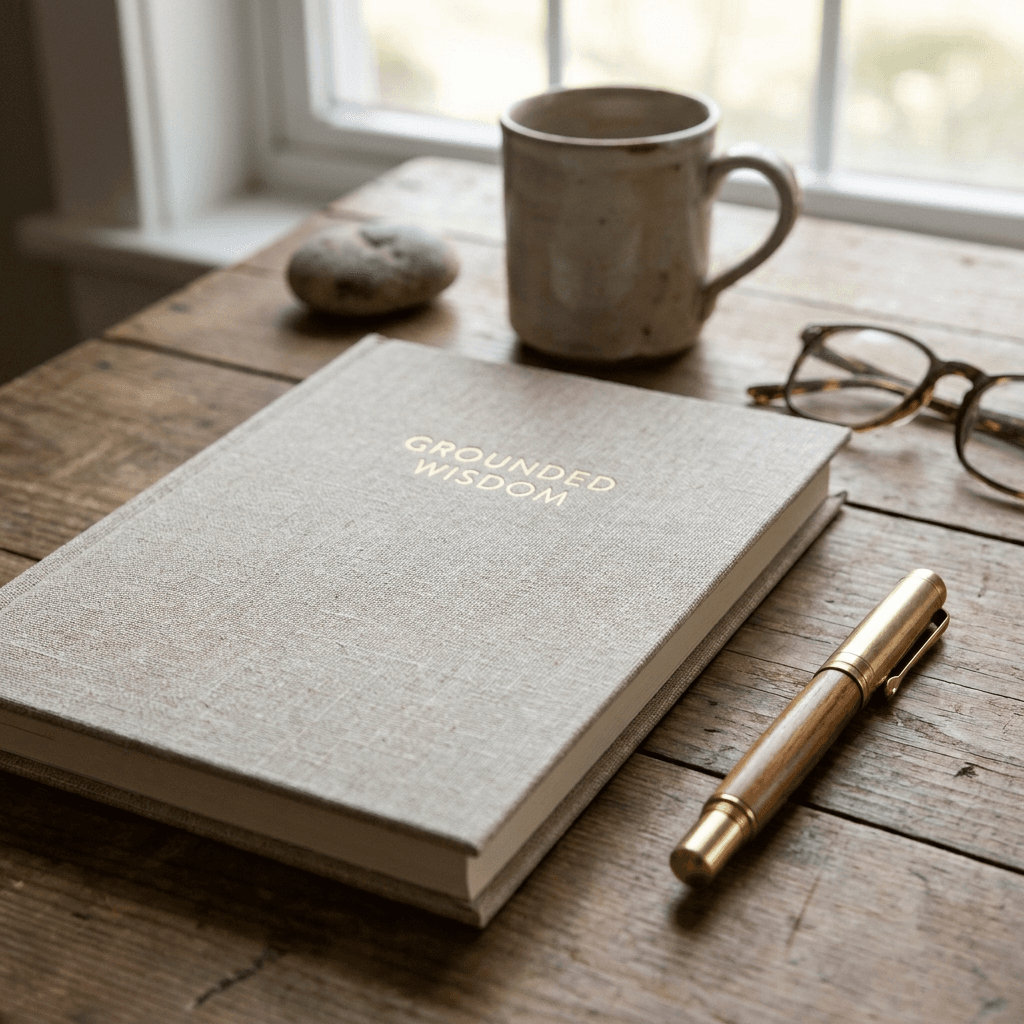 A close-up of a beautiful, linen-bound journal on a warm surface.